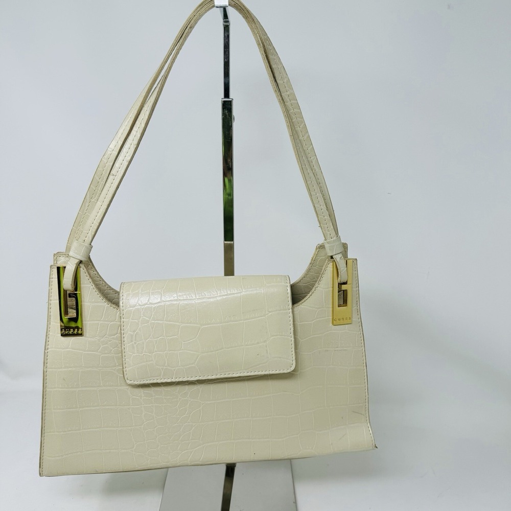 GUESS Faux Leather Bag Purse Crocodile Embossed Print Tan/Gold‎ Medium